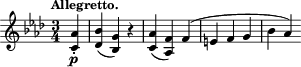 \relative c' { \time 3/4 \key f \minor \tempo "Allegretto." \partial 4 <c aes'>4-.\p | <des bes'>4( <bes g'>) r | <c aes'>4( <aes f'>) f'( | e f g | bes4 aes) }