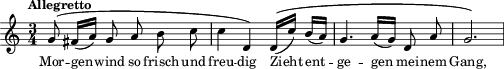 \relative c'' { \clef treble \autoBeamOff \dynamicUp \key c \major  \time 3/4  \tempo "Allegretto" 
g8\( fis16([ a)] g8 a b c | c4 d,\) d16([^\( c')] b([ a)] | g4. a16([ g)] d8 a' | g2.\) } 
\addlyrics { Mor -- gen -- wind so frisch und freu -- dig Zieht ent -- ge -- gen mei -- nem Gang, }