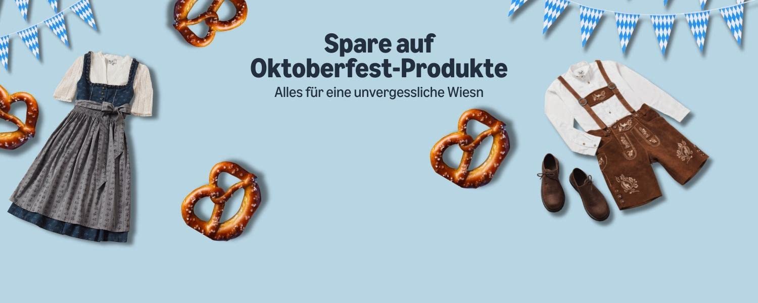 Spare auf Oktoberfest-Produkte. Alles für ein unvergessliches Wiesn-Erlebnis. Sortiment an Oktoberfestprodukten (Dirndl, Lederhose, Brezel, Girlande)