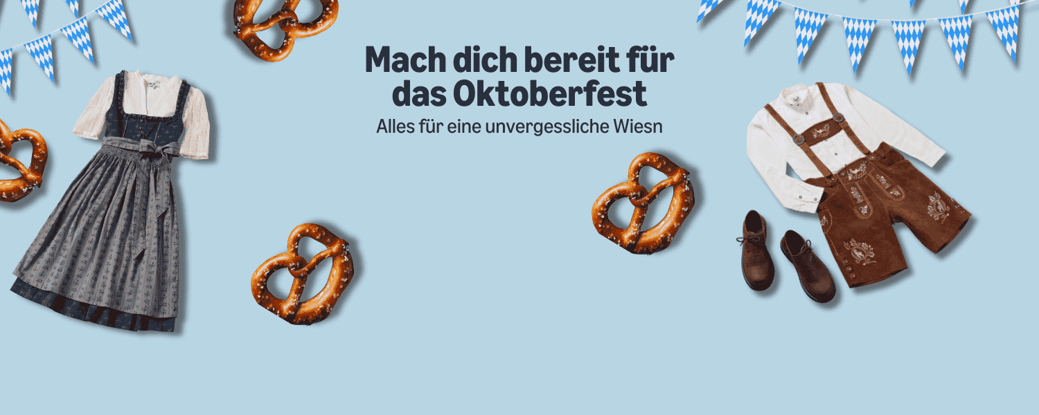 Mach dich bereit für das Oktoberfest. Alles für ein unvergessliches Wiesn-Erlebnis. Sortiment an Oktoberfestprodukten (Dirndl, Lederhose, Brezel, Girlande)