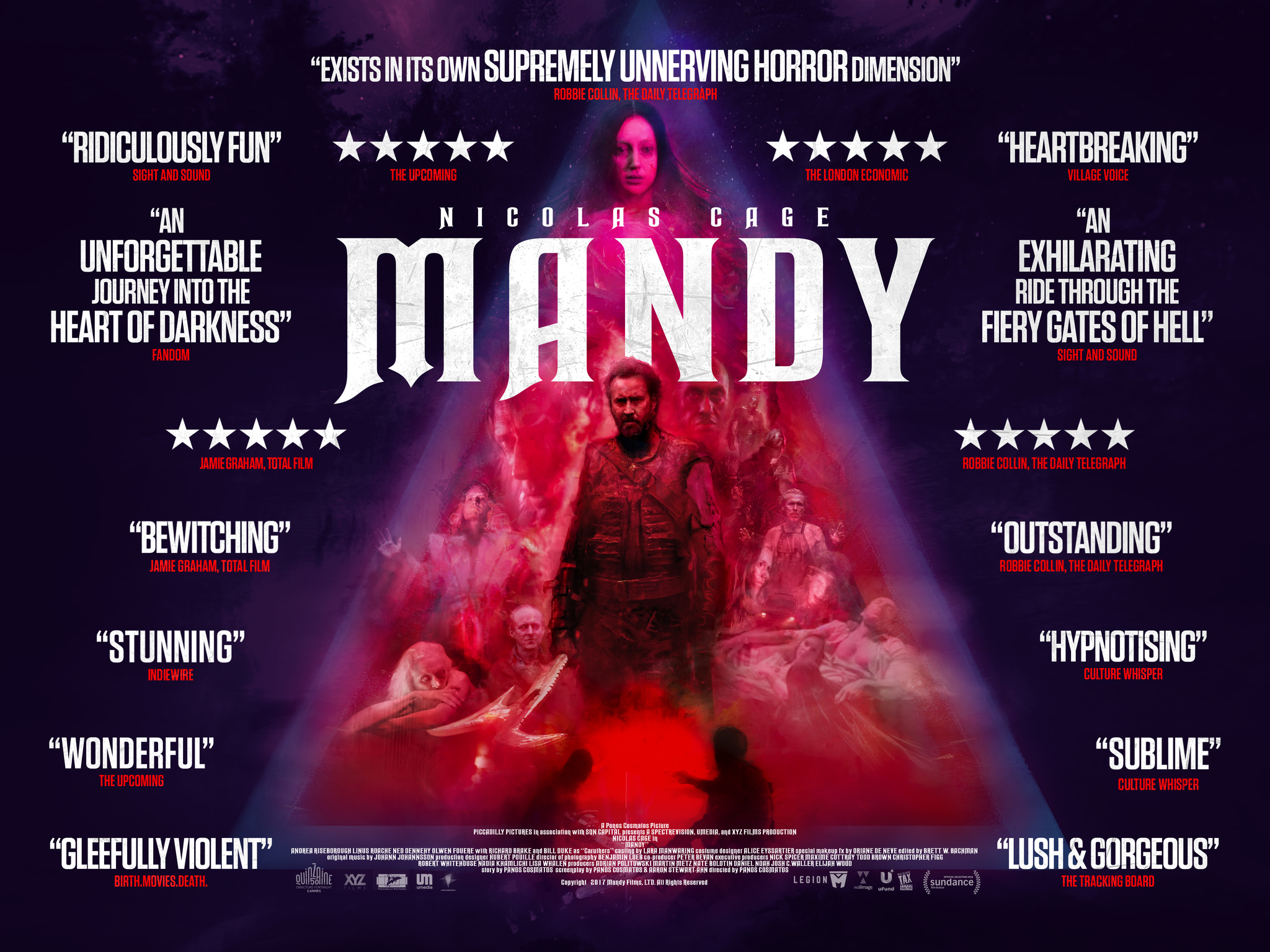 Nicolas Cage, Richard Brake, Ned Dennehy, Linus Roache, and Andrea Riseborough in Mandy (2018)