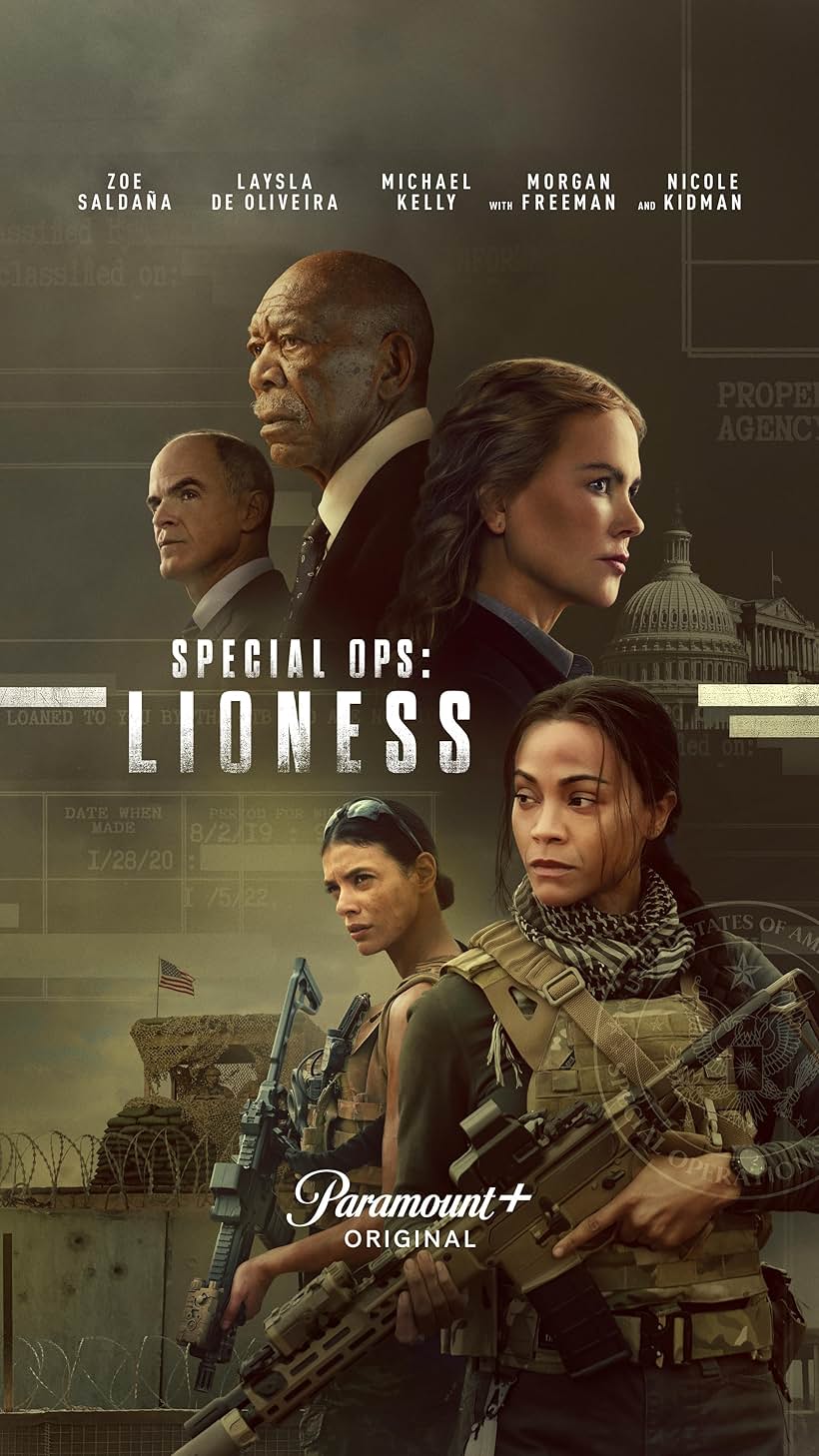 Morgan Freeman, Nicole Kidman, Michael Kelly, Zoe Saldana, Lioness, and Laysla De Oliveira in Special Ops: Lioness (2023)