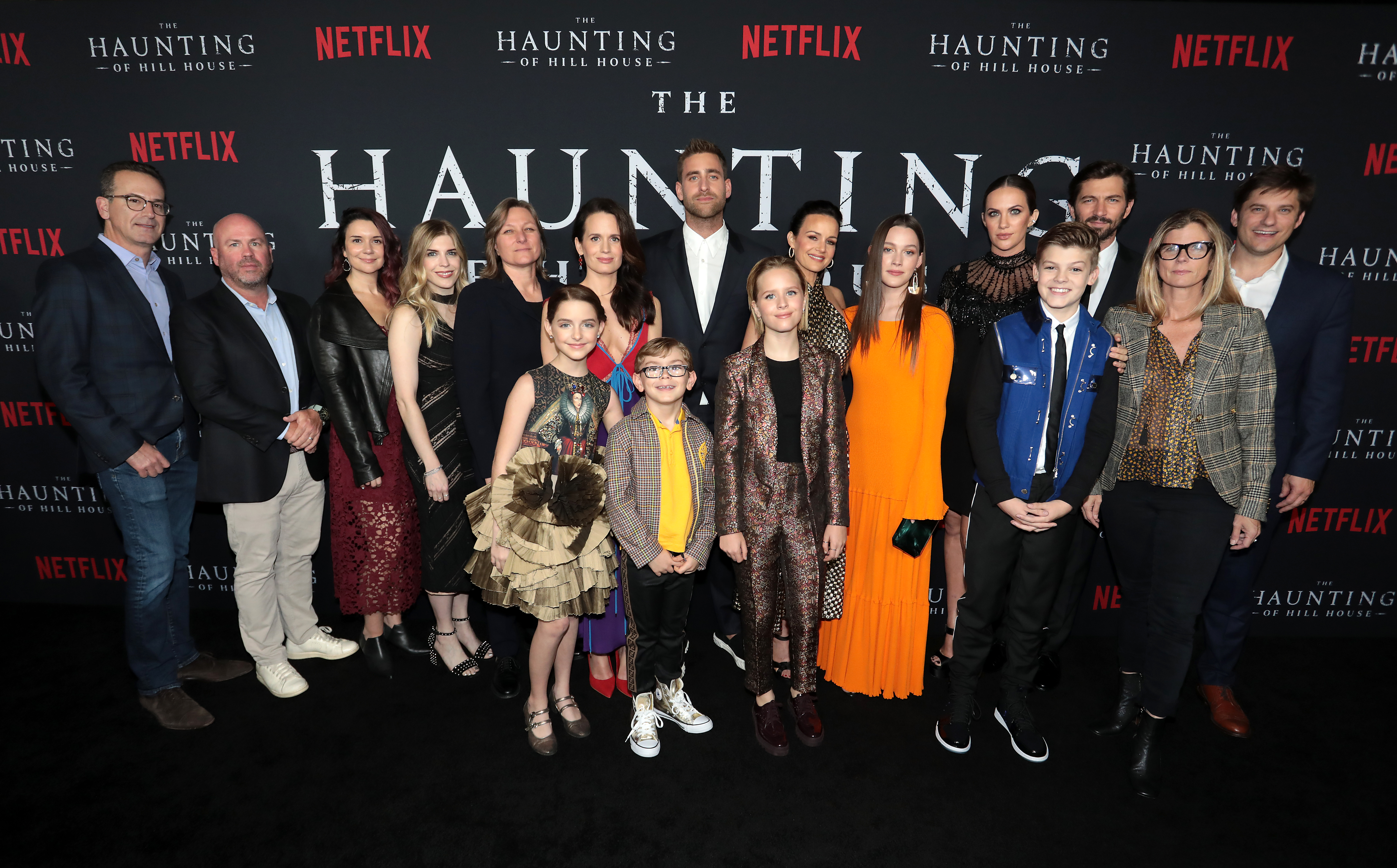 Carla Gugino, Elizabeth Reaser, Justin Falvey, Darryl Frank, Cindy Holland, Blair Fetter, Kate Siegel, Oliver Jackson-Cohen, Meredith Averill, Mckenna Grace, Lulu Wilson, Victoria Pedretti, Julian Hilliard, Paxton Singleton, and Laura Delahaye at an event for The Haunting of Hill House (2018)