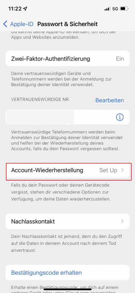 Auf „Accout-Wiederherstellungen“ tippen