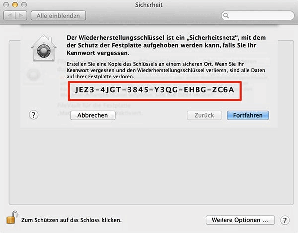 Ihren Wiederherstellungsschluessel