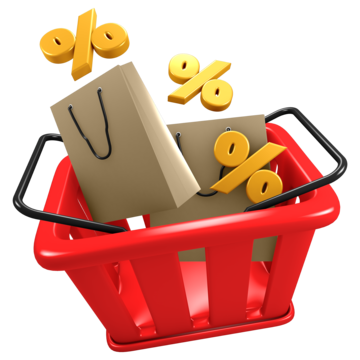 3d red shopping cart with paper bag and percent icon, 3d, Shopping, Cart PNG and PSD