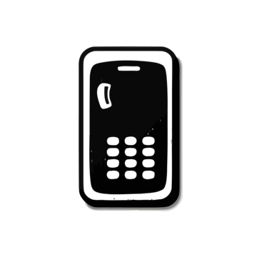 흑인과 백인 복고풍 오래 된 전화 휴대 전화 아이콘 디자인 벡터, 흰색 배경에 손으로 그리는 단순한 검은색 아이콘, 그림자 없음, 작은 프레임 중앙 PNG 일러스트