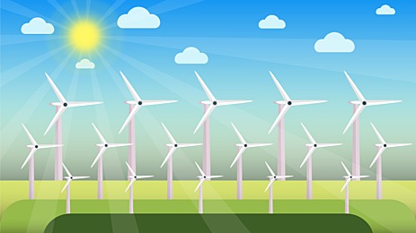 windmills in different sizes and shapes on a green field producing electricity from the air concept greenfield sunny day blue sky with shiny sun n clouds Background, Windmill Vector, Sunny Day, Green Field Background image