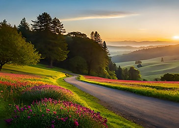 schöne straße in grüner landschaft mit sonnenuntergang hintergrund naturtapete, Natur, Sonnenuntergang, Straße Hintergrundbild