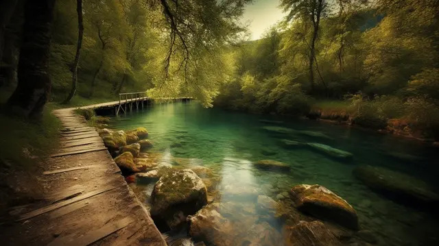 通往清澈河流的舊木走道背景圖, 風景自然圖片, 景觀, 風景簡報 背景圖