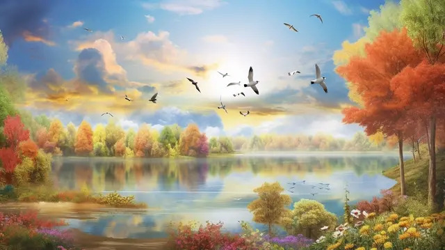 gemälde von herbstbäumen an einem see Hintergrund, 3d-wandbild, Bunte Tapete, Landschaft Hintergrundbild