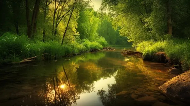 wunderschöner fluss am rande eines üppig grünen waldes Hintergrund, Sommer-naturbild, Sommer, Natur Hintergrundbild