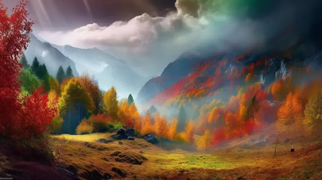 die berg  und waldszene ist in farbenfrohen herbstfarben gehalten Hintergrund, Buntes Bild Der Natur, Bildmaterial, Hintergrund Hintergrund Hintergrundbild