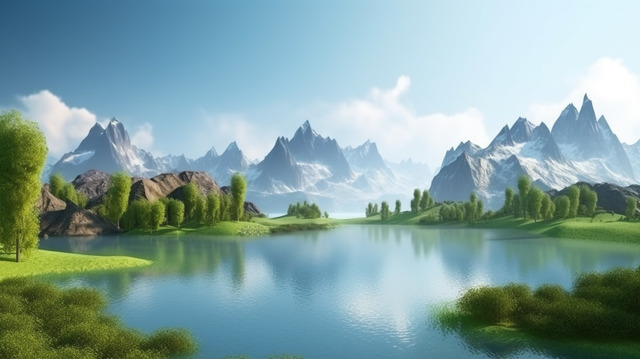 3d berglandschaft mit einem ruhigen seehintergrund, Helle Farbe, Lichtdesign, Reiseillustration Hintergrundbild