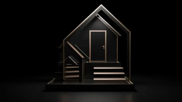 black background isolated 3d render of house frame icon simplistic home and stair symbol included, Housing Estate, Staircase, Residence Background image