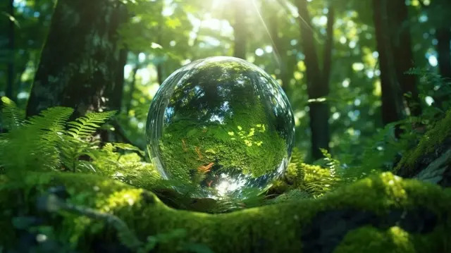 आश्चर्यजनक हरे जंगल 3डी रेंडर के बीच एक क्रिस्टल बॉल के रूप में पृथ्वी पृष्ठभूमि, प्रकृति बचाओ, पृथ्वी को बचाएं, दुनिया बचाओ पृष्ठभूमि चित्र