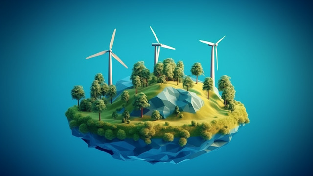 sustainable island low poly eco system with windmills trees and grass on a blue background, Green Life, Eco, Eco Green Background image