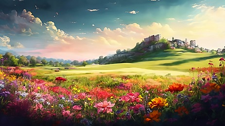 wunderschöne frühlingslandschaft mit digitaler wiesenmalerei Hintergrund, Landschaft, Natur, Grün Hintergrundbild