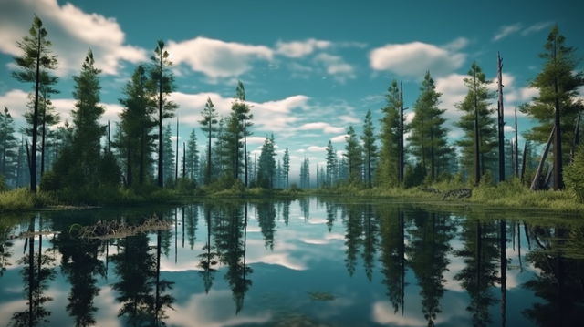 die atemberaubende spiegelung der natur  ein faszinierender blick auf den bezaubernden wald und die ruhigen blauen wolken Hintergrund, Horizont, Morgensonne, Sonnenaufgang Hintergrundbild