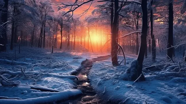 bezauberndes winterwalddickicht  ein 3d kunstwerk eines sonnenuntergangs in der natur Hintergrund, Dämmerung, Winterlandschaft, Schneelandschaft Hintergrundbild