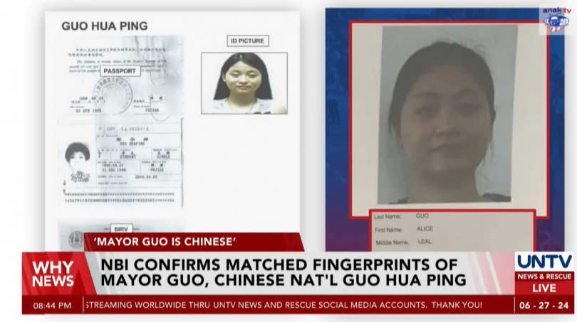 菲律賓參議員漢迪夫洛斯稱，經過國家調查局勘驗後，證實市長艾莉絲郭、中國籍公民郭華萍的指紋相同。（圖／翻攝自UNTV）  