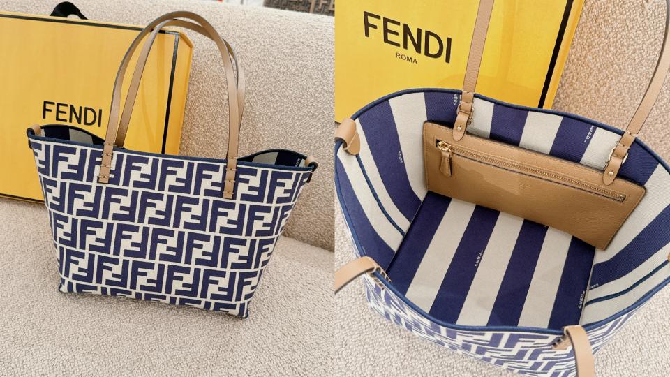 5-6萬精品包推薦：FENDI Roll雙面造型購物包(小)，NT$57,200！圖片來源：編輯拍攝