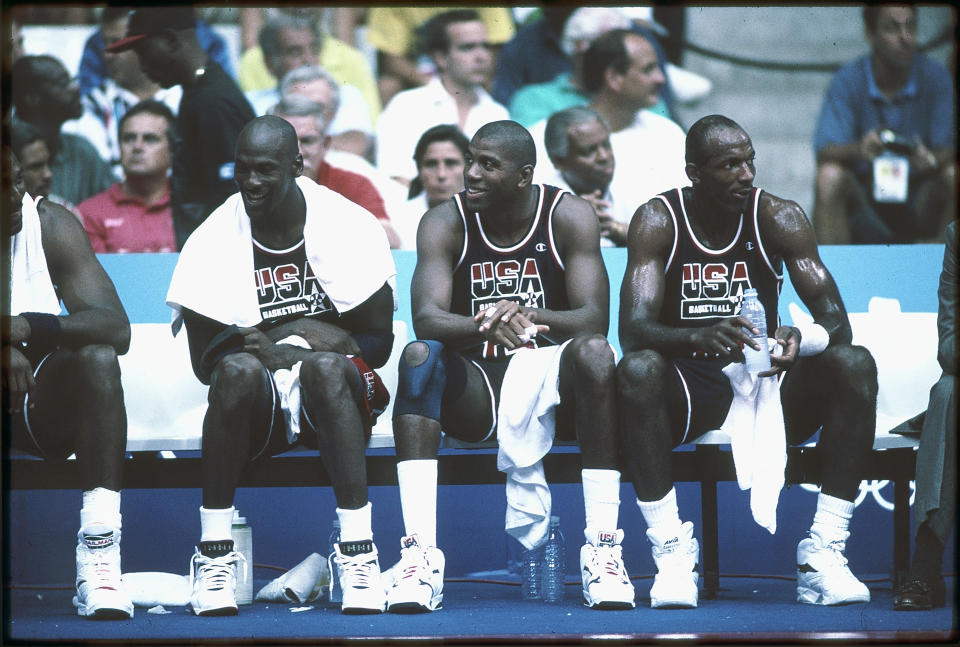 Michael Jordan（圖左起）Magic Johnson與Clyde Drexler在陣的夢幻一隊。（Photo by Icon Sportswire）