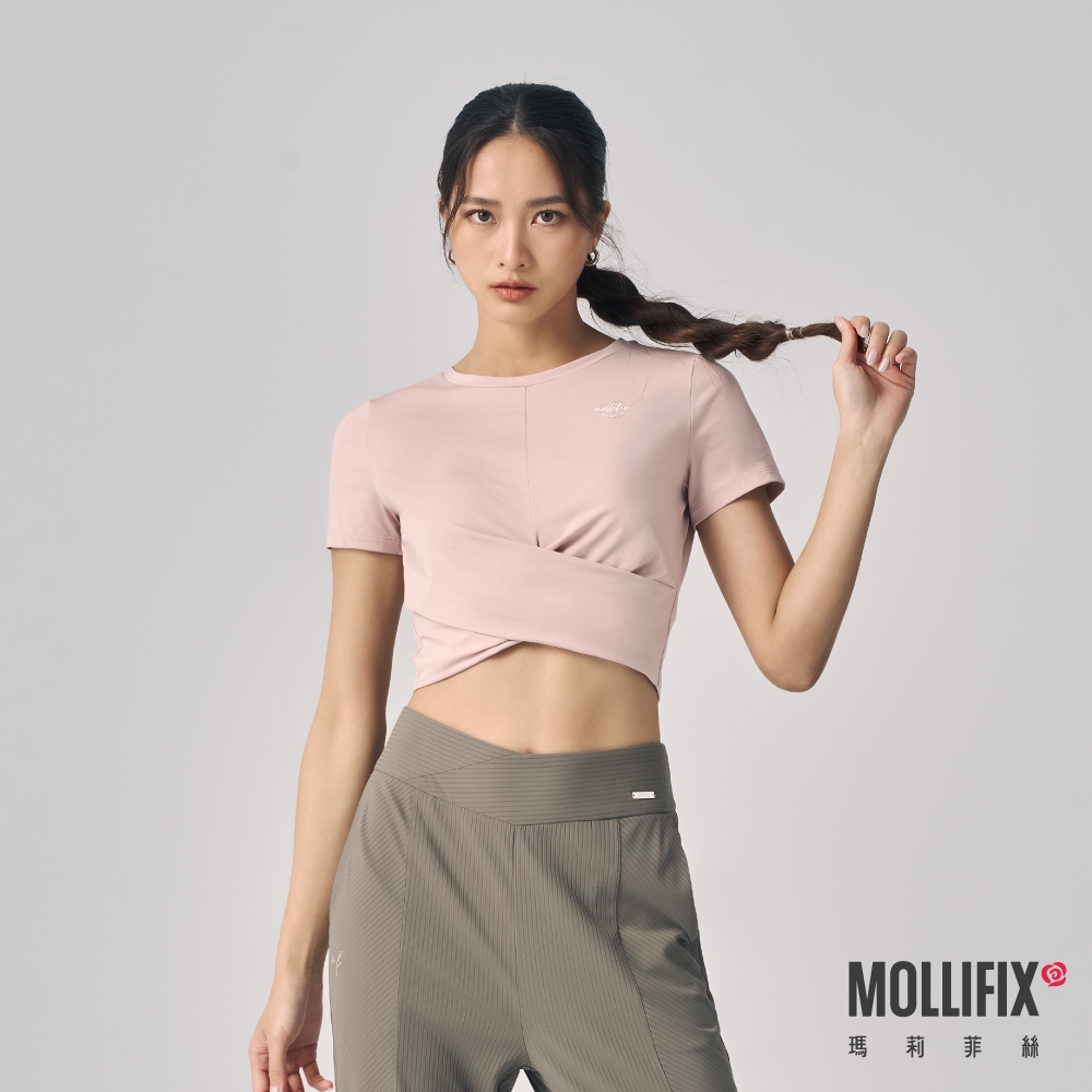 Mollifix 瑪莉菲絲 下擺交疊短袖上衣 (落櫻粉)、瑜珈服、瑜珈上衣、T恤、運動服