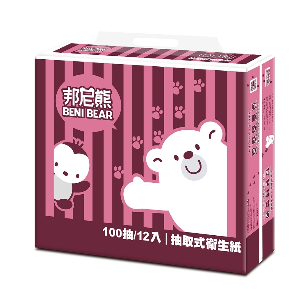 BeniBear邦尼熊復古酒紅條紋抽取式衛生紙100抽12包6袋 product image 2