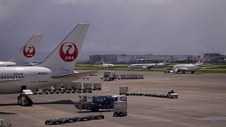 Japan Airlines airplanes are parked at a terminal at the Haneda international airport in Tokyo.