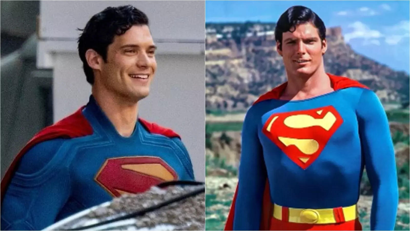 David Corenswet L and Christopher Reeve R in their respective Superman costumes