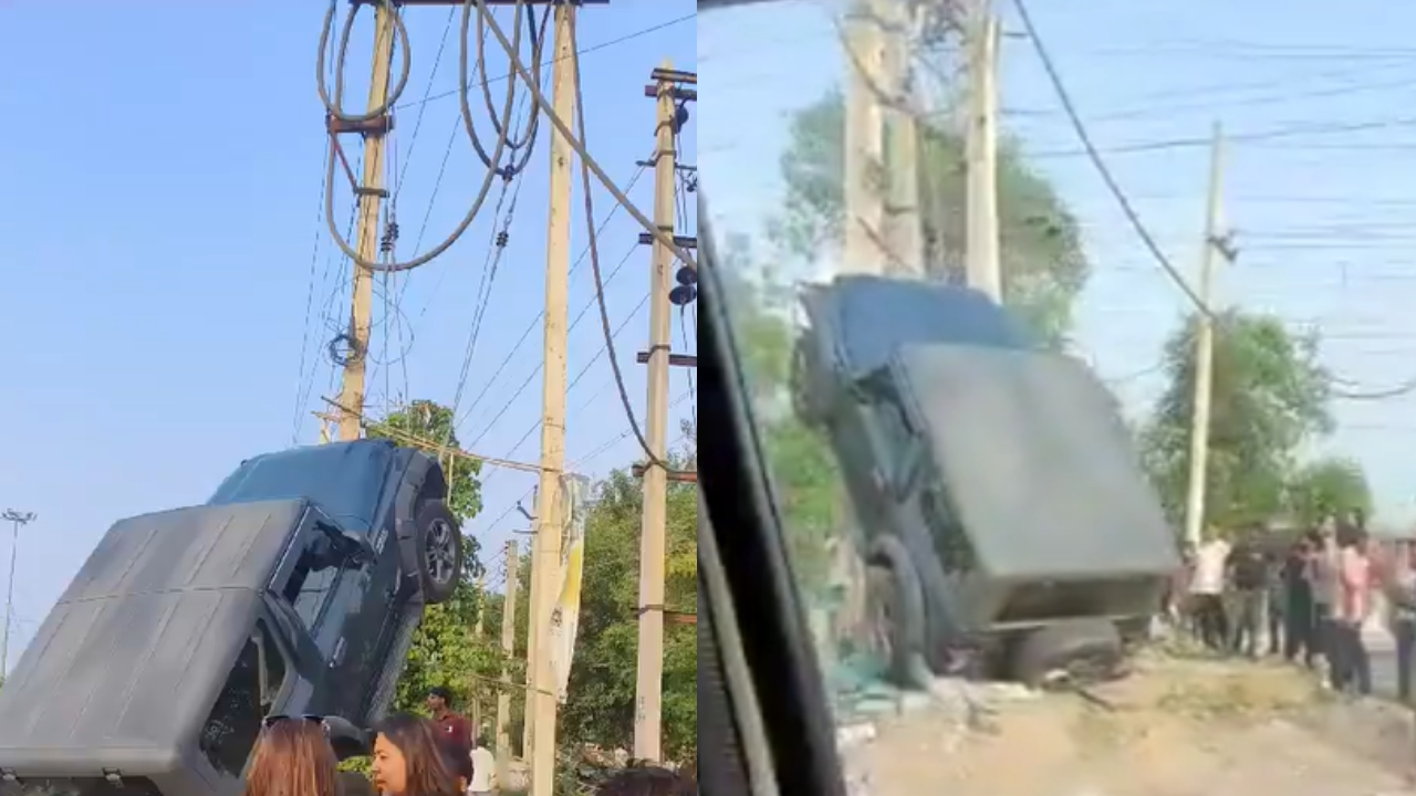 Video Thar SUV Climbs Up Electric Pole After Collision With Sedan In Gurugram