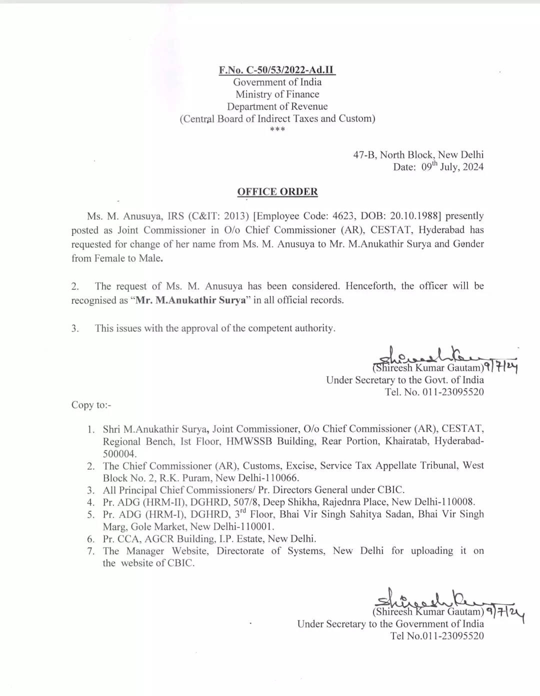 Official Order Passed By Ministry Of Finance