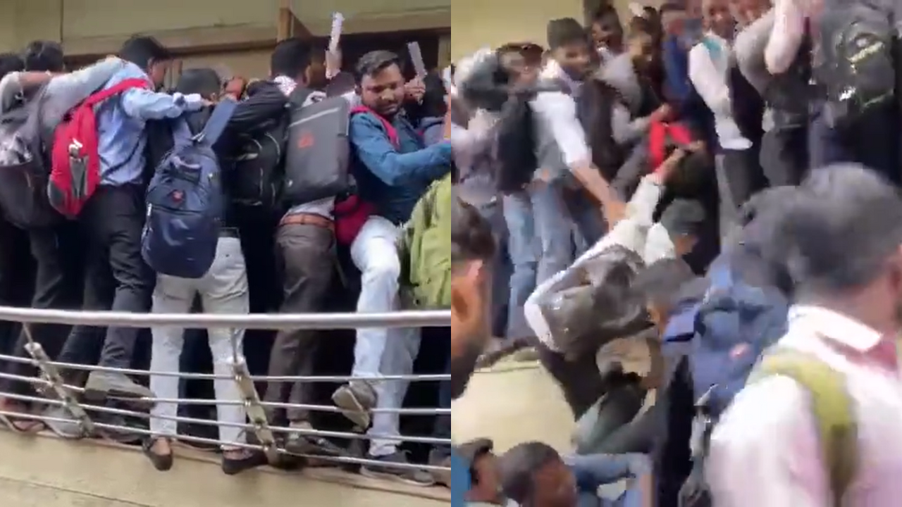 Railing Crumbles As Thousands Line Up For 10 Job Posts In Gujarat Shocking Video Is Viral