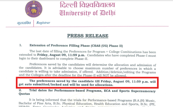 Delhi University UG Admission 2024: CSAS Phase 2 preference filling deadline extended till Aug 9, official notice here