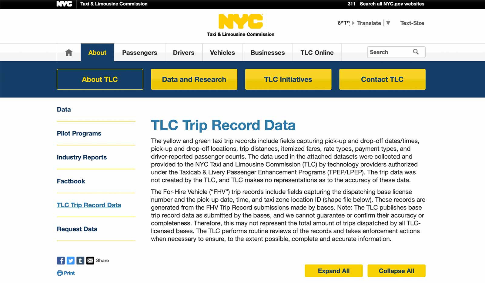 紐約市政府提供歷年來計程車的行程統計資料。