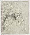 Sick Woman with a Large White Headdress label QS:Len,"Sick Woman with a Large White Headdress" label QS:Lnl,"Zieke vrouw met een grote witte hoofddoek" . circa 1641-1642. etching print and drypoint print. 6.3 × 5.1 cm (2.4 × 2 in). Various collections.