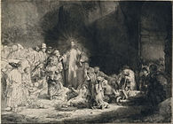 Christ Preaching (The Hundred Guilder Print) label QS:Len,"Christ Preaching (The Hundred Guilder Print)" label QS:Lnl,"De predikende Christus (De Honderdguldenprent)" . circa 1646-1650. etching print, drypoint print and burin (ii/ii). 28.2 × 39.5 cm (11.1 × 15.5 in). Various collections.