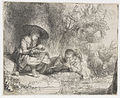 The Flute Player label QS:Len,"The Flute Player" label QS:Lnl,"De fluitspeler" . 1642. etching print and drypoint print. 11.7 × 14.3 cm (4.6 × 5.6 in). Various collections.