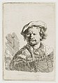 Self Portrait in a Flat Cap and Embroidered Dress label QS:Len,"Self Portrait in a Flat Cap and Embroidered Dress" label QS:Lnl,"Zelfportret met baret en bewerkte mantel" . 1642. etching print. 9.3 × 6.2 cm (3.6 × 2.4 in). Various collections.