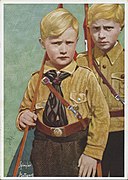 NSDAP Propagandakarte Ansihtskarte Springler Stuttgart Nazi Propganda postcard 1930s Colored and overpainted photo of blonde boys in uniform No known copyright restrictions.jpg