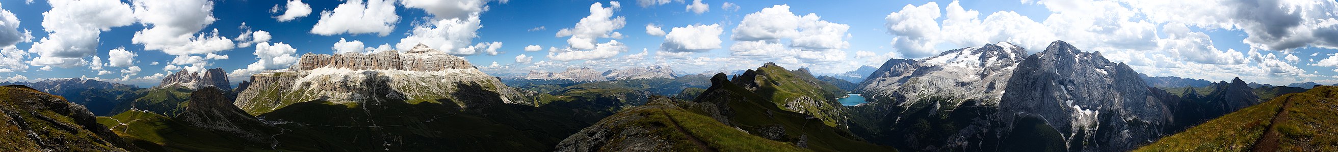 between Sella group and Marmolada: Padon mountain chain and Lago di Fedaia.