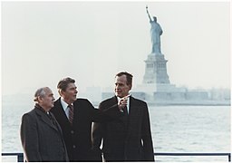 Photograph of President Reagan and Vice-President Bush meeting with General Secretary Gorbachev on Governor's Island... - NARA - 198595.jpg