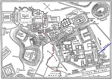 Old map of Forum Romanum with Nerva's forum and Cloaca Maxima in the middle. Trajan's Forum and Forum of Augustus are in the left, the amphitheatre in Rome, the Colosseum is up in the right. Circus Maximus (bottom of map) is located near the river Tiber in Rome.