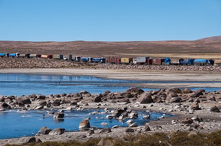 Trucks wating for costums at Bolivian frontier with Chile.