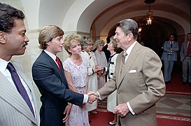 President Ronald Reagan greeting actor Christopher Atkins with Billy Dee Williams and Lisa Hartman.jpg