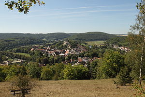 Burg Pappenheim - Ansicht der Burg vom östlich gelegenen Weinberg aus (September 2012)