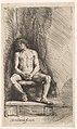 Nude Man Seated before a Curtain label QS:Len,"Nude Man Seated before a Curtain" label QS:Lnl,"Naakte jonge man, gezeten voor een gordijn" . 1646. etching print. 16.5 × 9.6 cm (6.4 × 3.7 in). Various collections.