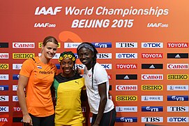 100 m women podium Beijing 2015.jpg