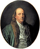 Attributed to Jean-Baptiste Greuze. Portrait of Benjamin Franklin 1777. oil on canvas medium QS:P186,Q296955;P186,Q12321255,P518,Q861259 . 75 × 67 cm (29.5 × 26.3 in). Philadelphia, American Philosophical Society.